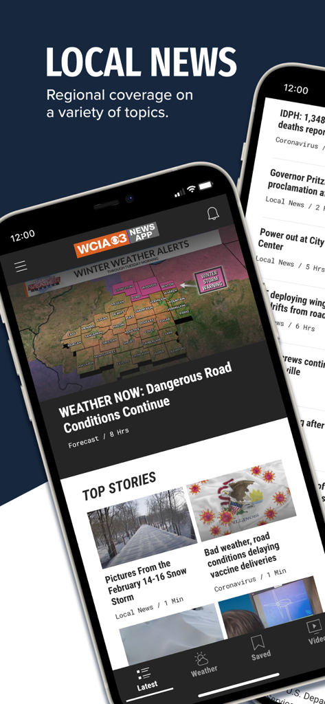 WCIA-3 News App - WCIA-3 News App displaying local news and winter weather alerts for Central Illinois