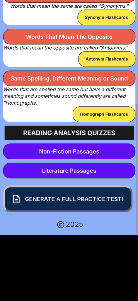 iRead-3 Practice App - Interface of the iRead-3 app showing study categories for synonyms antonyms homographs and reading analysis quizzes