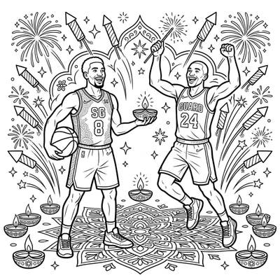 Get ready for a unique fusion of sports and celebration with our NBA Shooting Guards Diwali coloring page! Immerse yourself in the festive spirit as basketball heroes light up the canvas with diyas, rangoli, and dazzling fireworks.