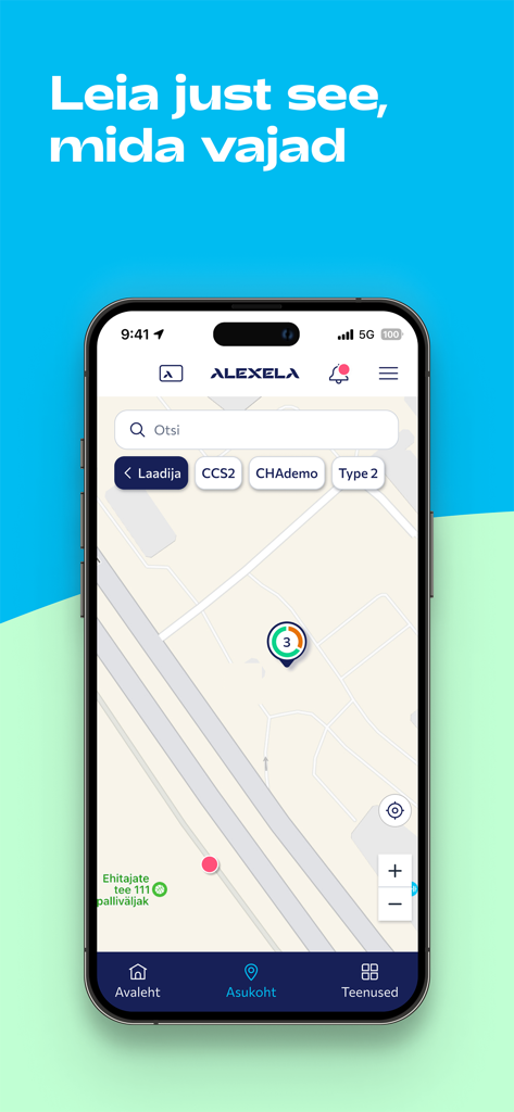 Alexela - Alexela app map view showing EV charging station locations and connector type filters