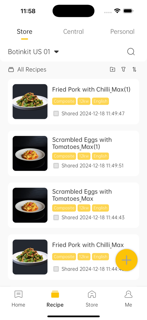 Botinkit - Professional recipe management interface in the Botinkit app showing a list of commercial kitchen recipes