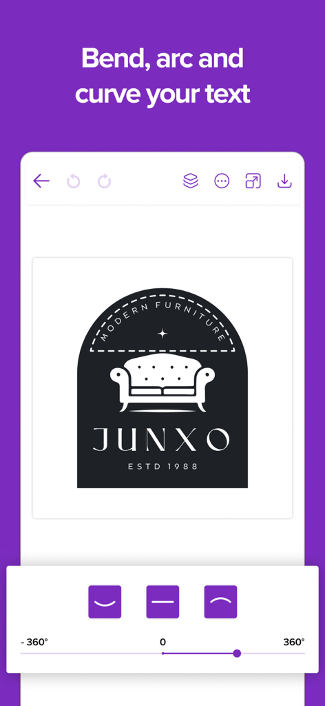 Logo Maker - Create Logo - A mobile interface showing the curved text tool used to design a professional furniture logo