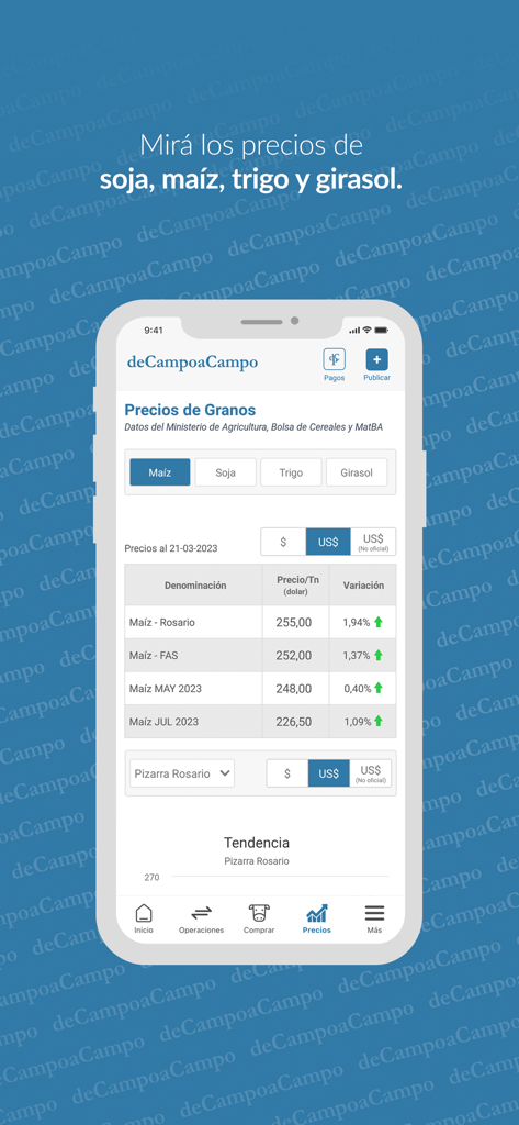 deCampoaCampo - Screenshot der deCampoaCampo-Mobil-App, die eine Tabelle mit aktuellen Getreidemarktpreisen und Trendvariationen für Mais und andere Feldfrüchte zeigt