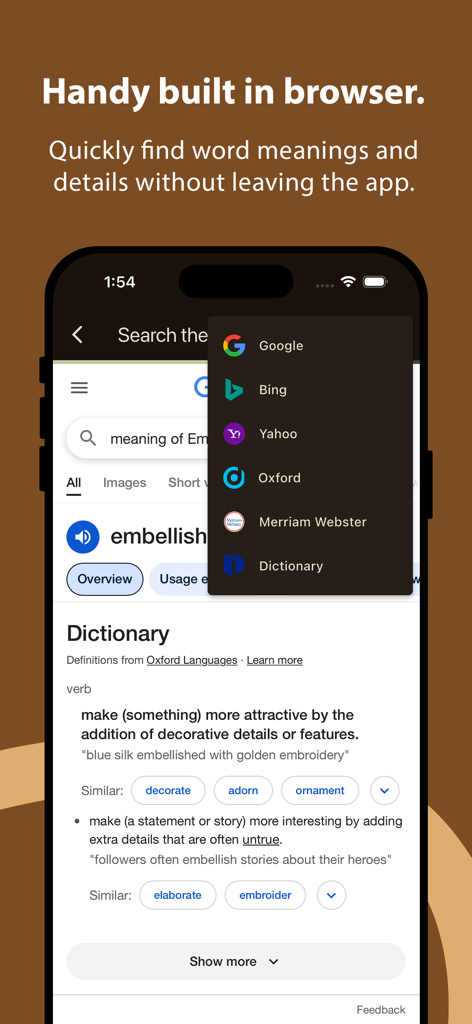Captura de pantalla de la app Crear Diccionario mostrando la función de navegador integrado para buscar significados de palabras en múltiples fuentes como Google y Oxford.