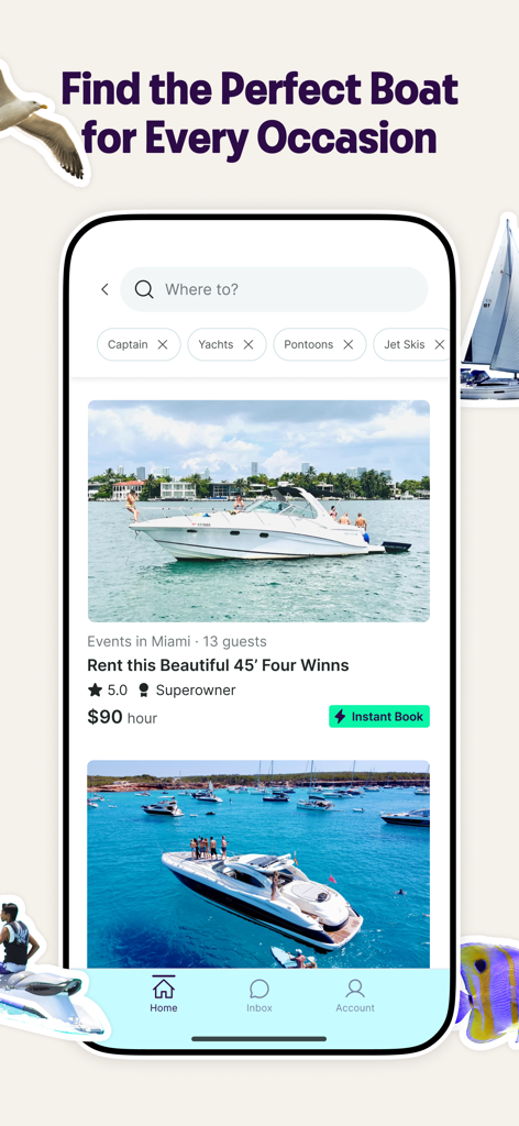 Getmyboat - Getmyboat-App-Bildschirm, der Yachtverleihangebote in Miami mit Suchfiltern zeigt