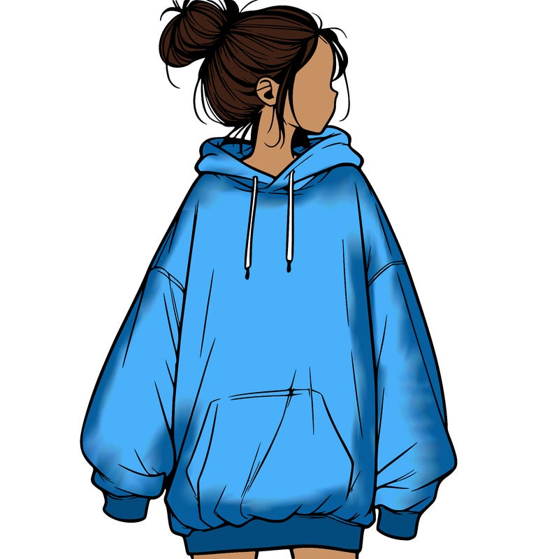 realistic girl with a oversized sweatshirt on and a bun
