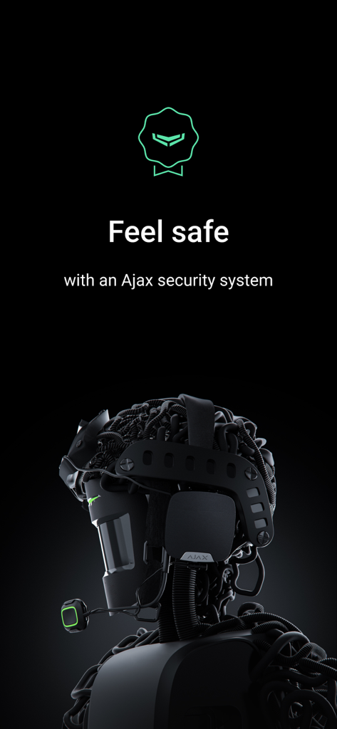 Ajax Security System promotional screen with futuristic robotic head and Feel safe message