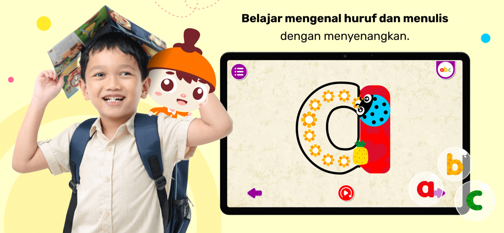 Marbel Pelajaran TK dan Paud - Un niño feliz y una mascota junto a una tableta que muestra un juego interactivo de aprendizaje del alfabeto indonesio.