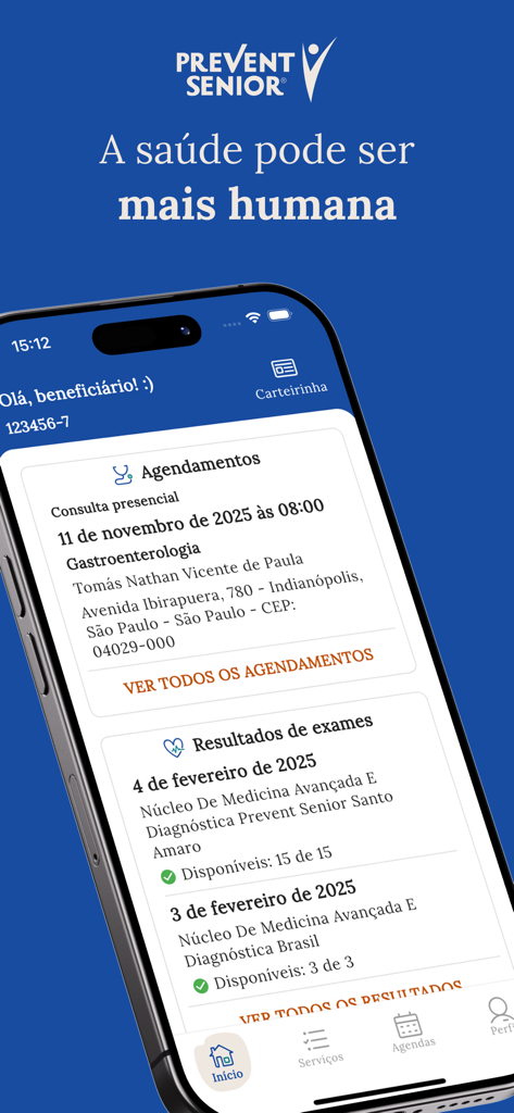 Pantalla de inicio de la aplicación móvil Prevent Senior mostrando citas médicas y resultados de exámenes