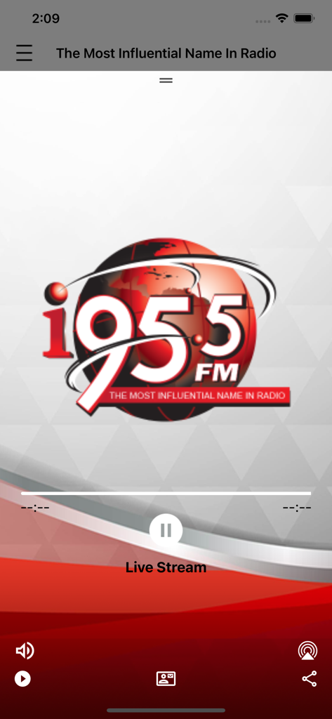 I955FM radio app live stream player interface for Caribbean talk and news