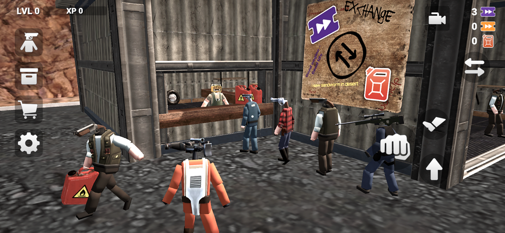 Last Life Sandbox - Last Life Sandboxゲームの資源交換ステーションの近くに集まった、銃の頭を持つブロック状のキャラクターたち