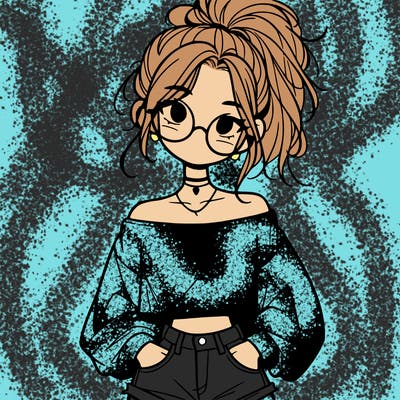 girl with a messy ponytail glasses a baggy crop top and jean shorts