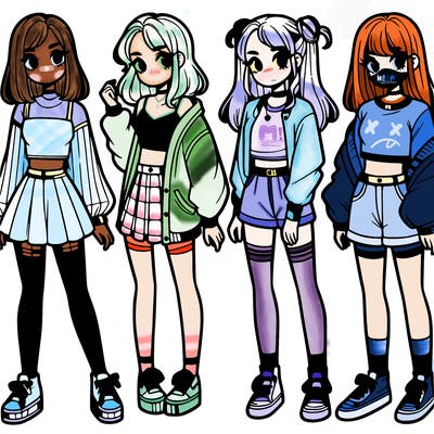 one girl with crop-top shirt and a jacket with a skirt, long socks and another girl with a shirt and pants with a jacket