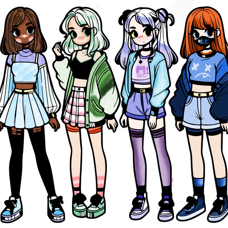 one girl with crop-top shirt and a jacket with a skirt, long socks and another girl with a shirt and pants with a jacket