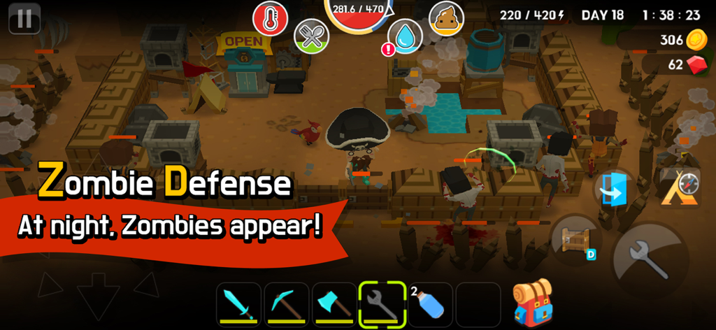 Mine Survival - Mine Survival gameplay showing a character defending a base from zombies at night with survival status bars