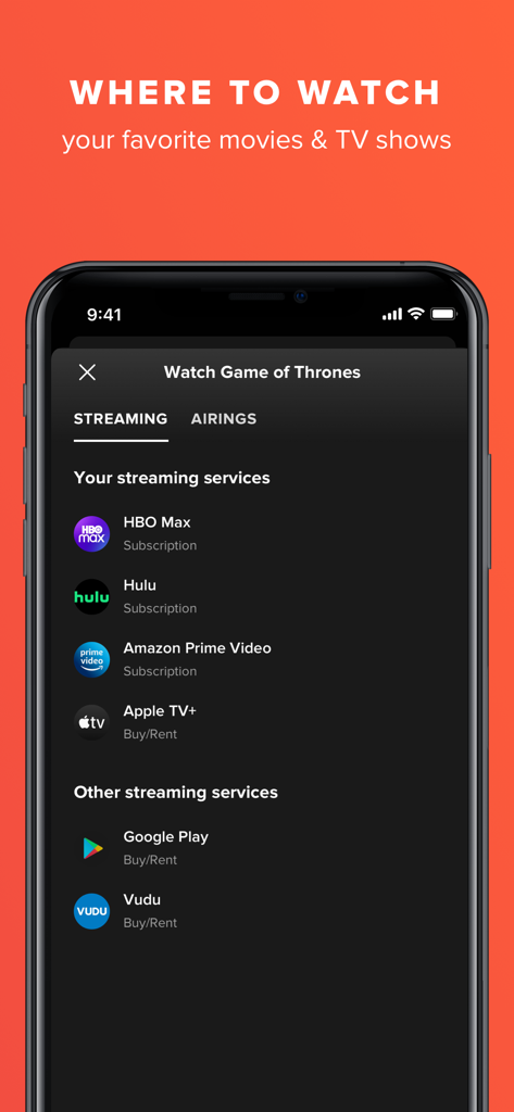 TV Guide: Streaming & Live TV - Game of Thronesを視聴するための利用可能なストリーミングプラットフォームを表示するTVガイドアプリのスクリーンショット