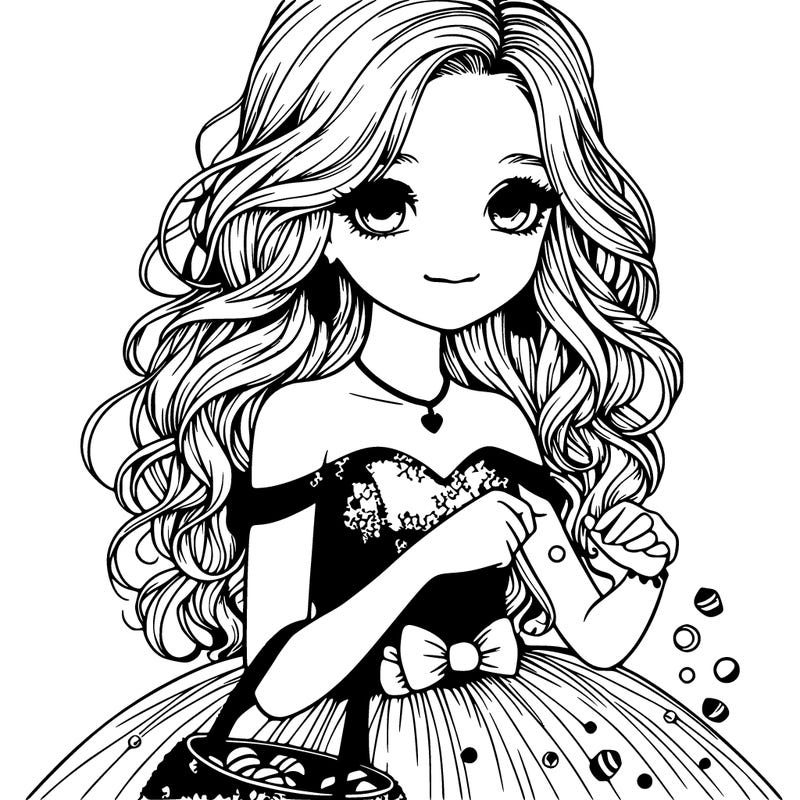 pretty girl that looks like sabrina carpenter in a pretty sparkly pink dress holding a candy-full trick or treating bag