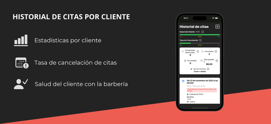 GoBarber Pro app interface showing client appointment history and cancellation rates