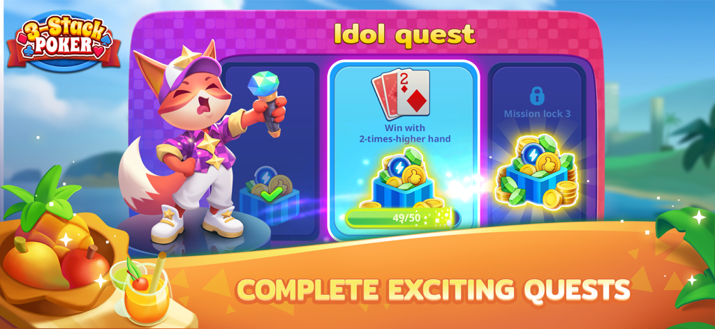 Ein Bildschirm von 3-Stack Poker ZingPlay, der eine Idol-Quest-Mission mit Belohnungen und einer Cartoon-Fuchsfigur zeigt