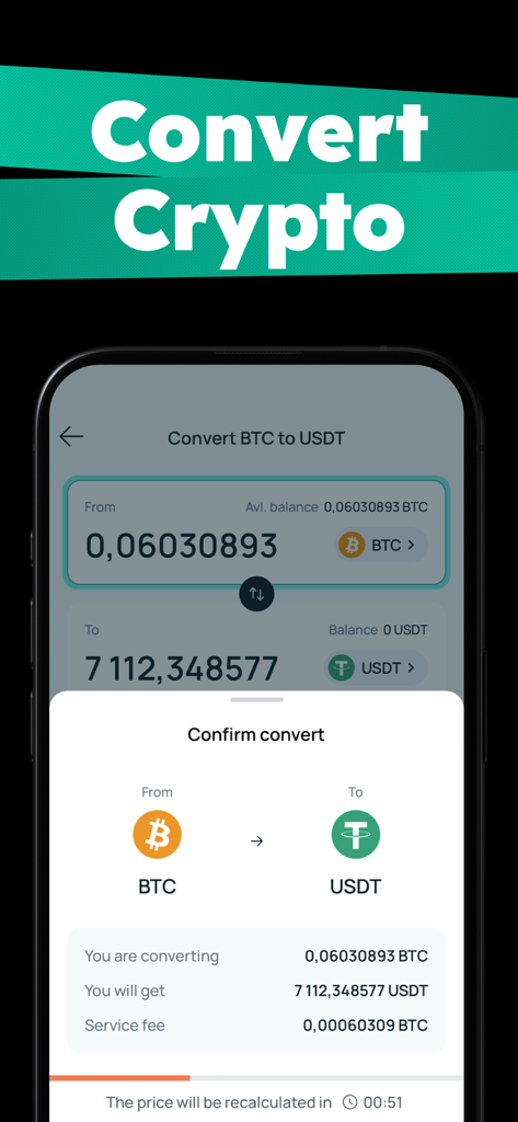Pantalla de la aplicación CEX.IO que muestra la confirmación de conversión de Bitcoin a USDT con detalles de las comisiones