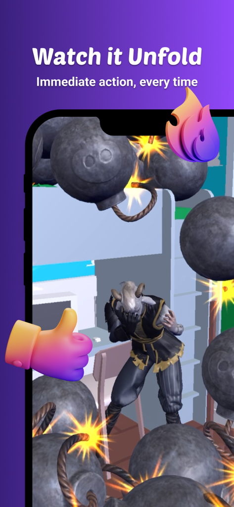 Jars AI - A 3D animated character in an action scene with burning bombs from the Jars AI app