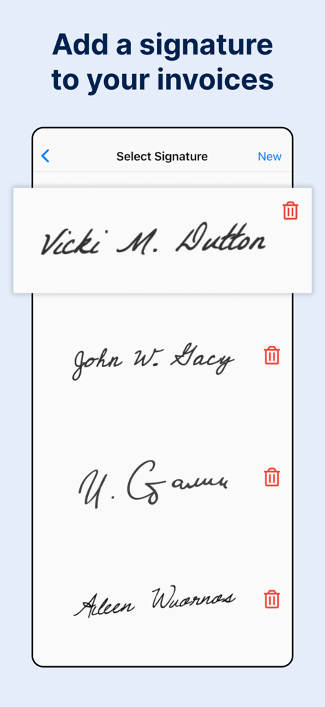 Interfaz de la aplicación Invoice Maker que muestra una lista de firmas digitales guardadas para añadir a documentos empresariales profesionales