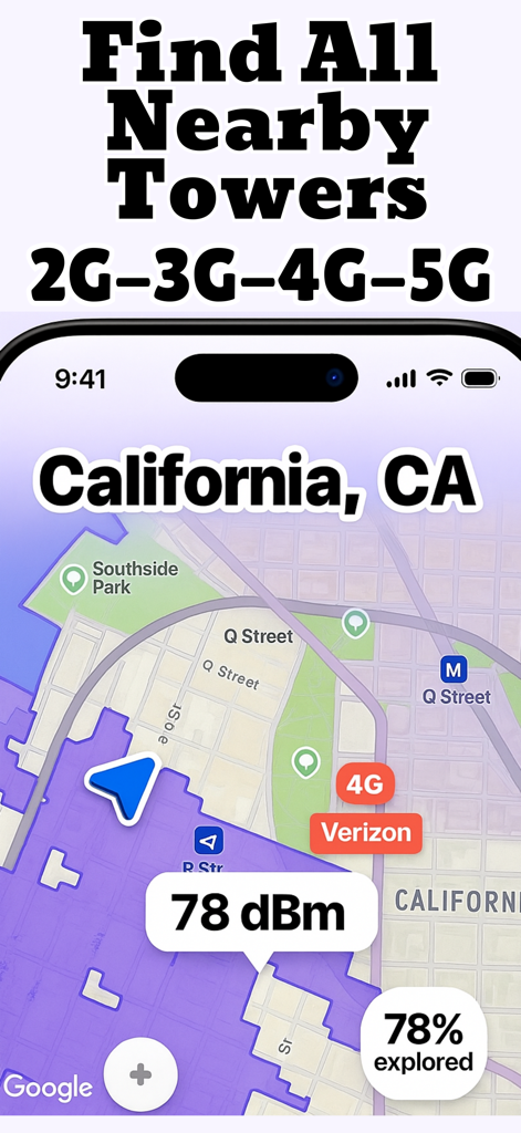 cellular signal strength - Mapa de intensidad de señal celular que muestra ubicaciones de torres 4G y lecturas de dBm en California