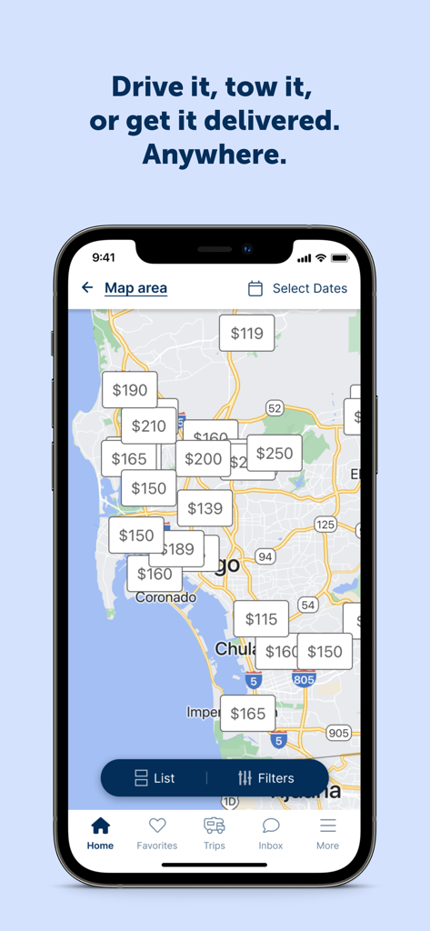 RVezy - RV & Trailer Rental - A smartphone displaying the RVezy app map view with RV rental listings and prices.