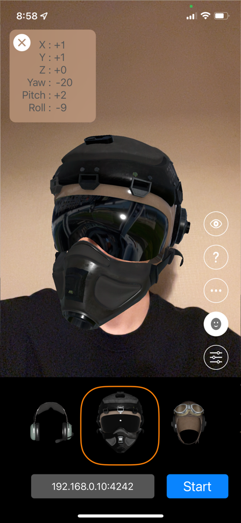 Smart Head Track for OpenTrack - Smart Head Track App-Oberfläche mit AR-Pilotenhelm und Kopfausrichtungsdaten