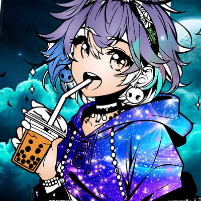 hot baddie anime girl drinking boba and biting the straw