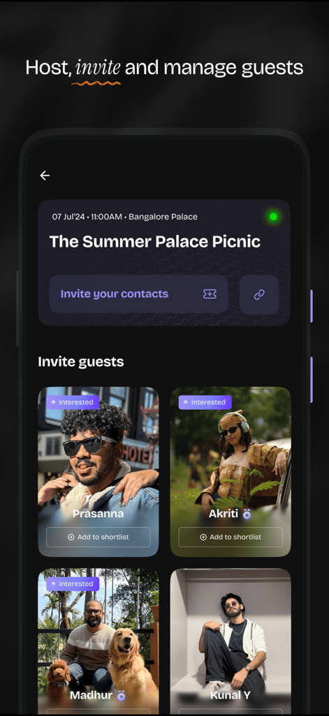 8club: Get Invited to Hotspots - 8club app interface for hosting events showing guest list management and invitations for a picnic at Bangalore Palace