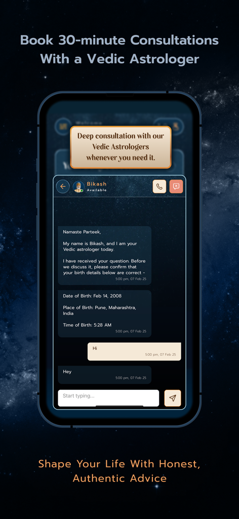 Astro Sadhana: Vedic Astrology - A mobile interface of the Astro Sadhana app showing a live chat consultation with a Vedic astrologer