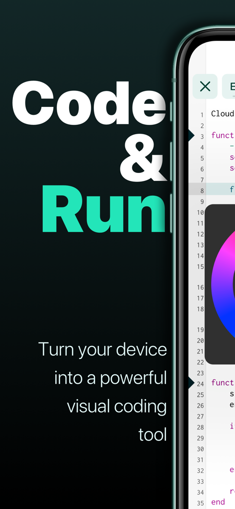 Codea - Un smartphone mostrando la interfaz de la aplicación Codea con código y un selector de color visual giratorio