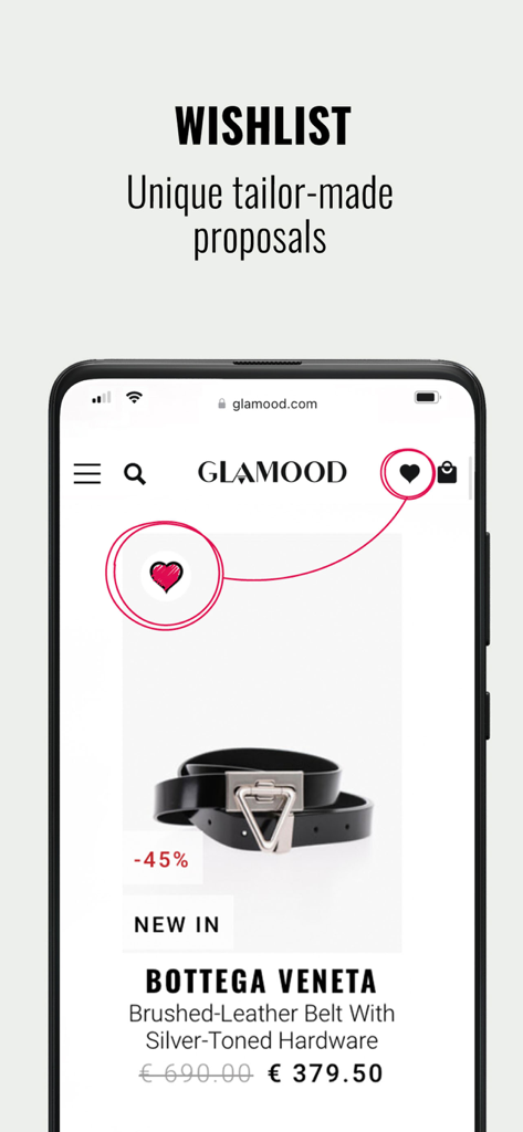 Glamood - Glamood mobile app wishlist screen showing a discounted Bottega Veneta designer belt