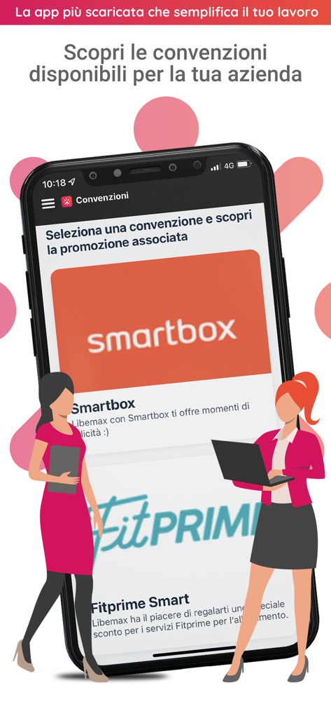 Rilevazione presenze e accessi - Oberfläche einer mobilen App, die Unternehmensangebote und Mitarbeiterleistungen innerhalb eines Geschäftsmanagementsystems anzeigt.