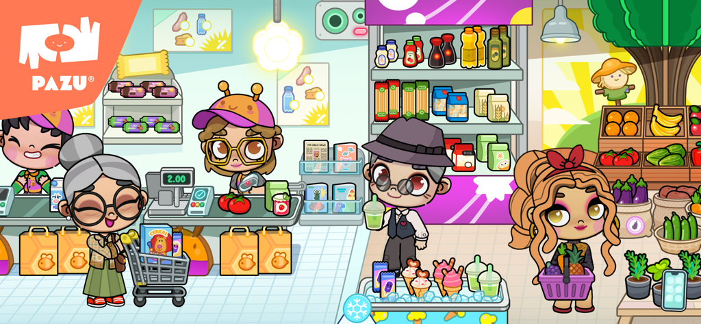 Characters roleplaying and shopping in a colorful grocery store in Avatar World