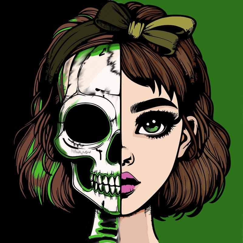 realistic girl with half skull mask