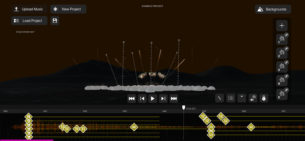 Pyro Simulator for iPhone - Interface of the Pyro Simulator app showing the fireworks timeline editor with music waveform and choreography markers