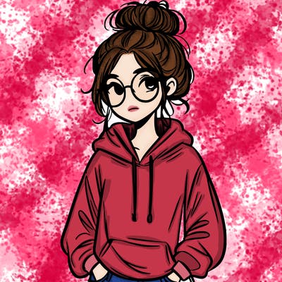 teen girl with a messy bun and glasses wearing a loose hoodie and jeans