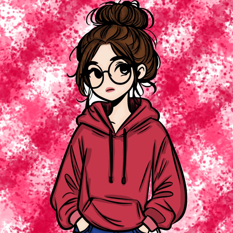 teen girl with a messy bun and glasses wearing a loose hoodie and jeans
