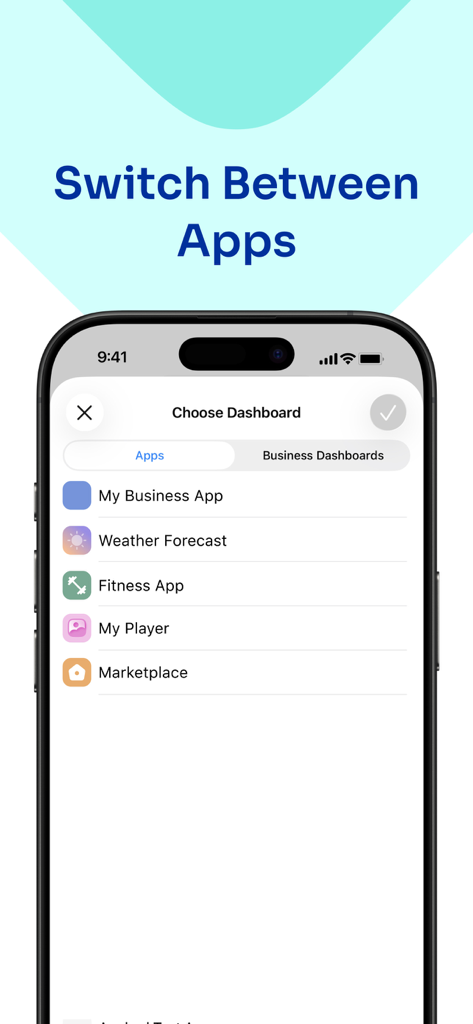 Apphud - the official app - Interfaz de la aplicación móvil Apphud para cambiar entre diferentes paneles de aplicaciones