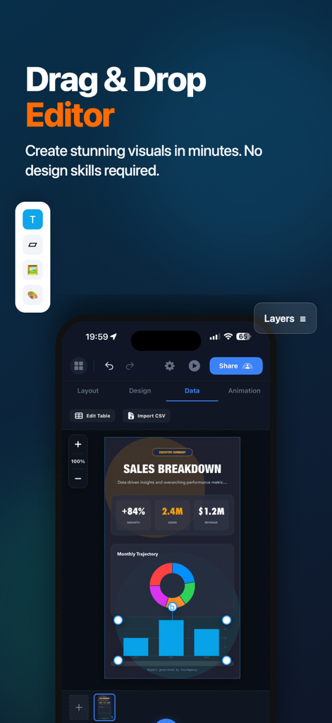 InfoGraphic and Poster Creator - Mobile App-Oberfläche von InfoGraphic and Poster Creator, die einen Drag-and-Drop-Editor mit einer professionellen Verkaufsaufschlüsselungs-Infografik mit Diagrammen und Datenimportoptionen zeigt.