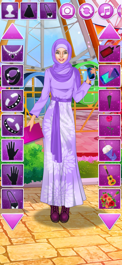 Dress Up Games: Fashion Girl - A character in a purple hijab and long floral dress at an amusement park in a mobile fashion game.