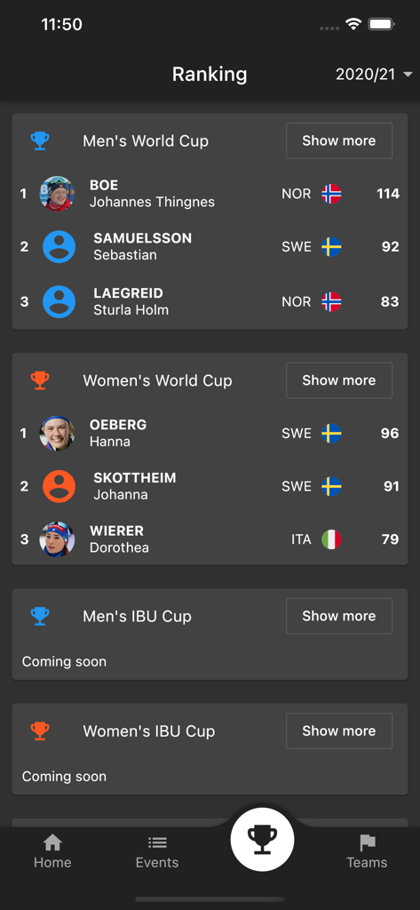 Biathlon.LIVE - Schermata delle classifiche dell'app Biathlon.LIVE che mostra le classifiche degli atleti della Coppa del Mondo maschile e femminile.