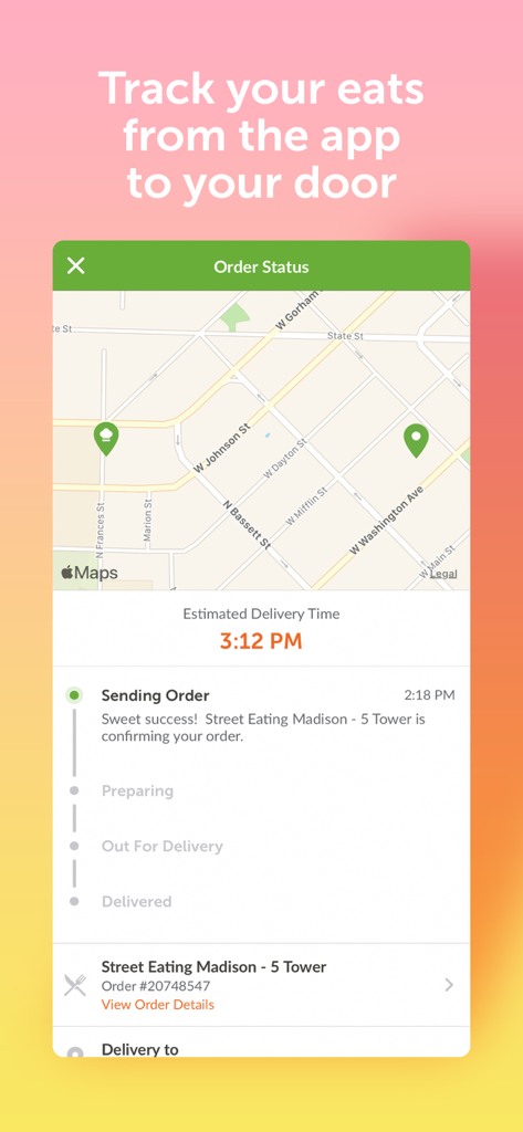 EatStreet Local Food Delivery - A screenshot of the EatStreet app showing the live order tracking feature with a map and delivery status timeline.