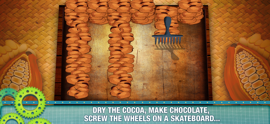 An interactive educational game scene showing cocoa beans being dried on a wooden surface as part of the chocolate making process