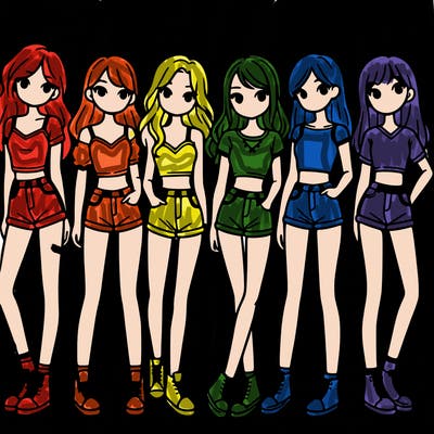 a group of girls wearing crop tops and shorts