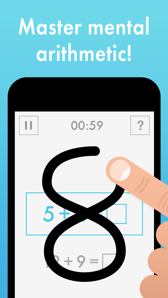 A finger handwriting the number eight on a smartphone screen to solve a mental math addition problem