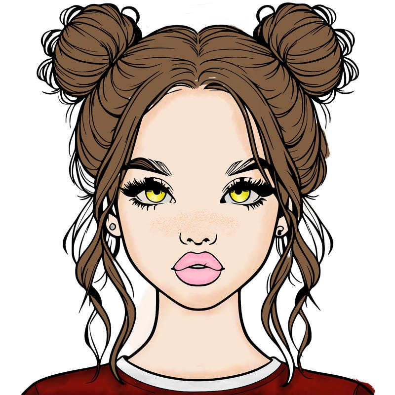 realistic girl with two buns in hair and lips