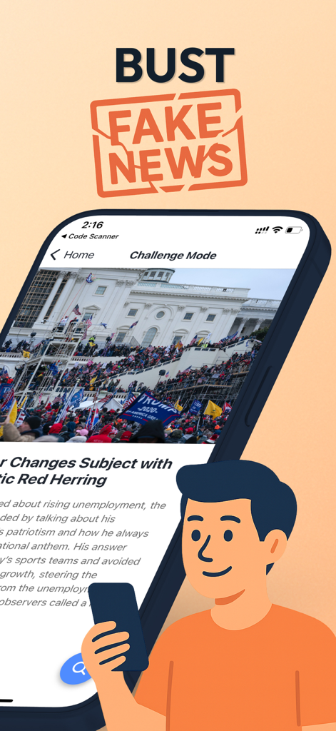 A person using the Fallacy app to identify logical fallacies like red herrings in news articles.